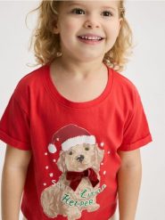 Świąteczny t-shirt z nadrukiem - intenstywna czerwień. Czerwone koszulki dziewczęce Reserved, m, bez wzorów, z bawełny, bez ramiączek. Za 35.99 zł.