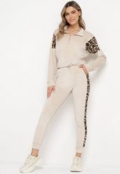 Beżowy Welurowy Komplet Dresowy Krótka Bluza i Spodnie z Wstawkami w Cętki Kilima. Brązowe bluzy bez kaptura damskie Born2be, m, z dresówki. Za 79.99 zł.