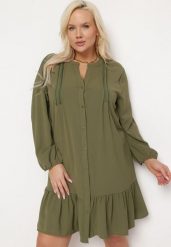 Jasnozielona Koszulowa Sukienka Mini z Falbanką Brindel. Zielone sukienki damskie Born2be, l, bez wzorów, bez kołnierzyka, plus size, bez ramiączek, mini, koszulowe. Za 99.99 zł.
