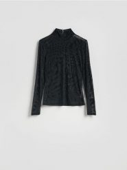 Golf z ozdobną aplikacją - czarny. Czarne golfy damskie Reserved, l, z aplikacjami, z dzianiny, bez ramiączek. W wyprzedaży za 159.99 zł.