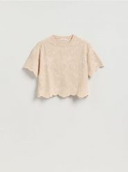 T-shirt z ozdobnym haftem - beżowy. Brązowe t-shirty damskie Reserved, l, bez wzorów, z bawełny, bez kołnierzyka. Za 89.99 zł.