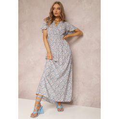 Niebieska Sukienka Agatea. Niebieskie sukienki damskie Renee, s, bez wzorów, bez kołnierzyka, bez ramiączek, maxi, kopertowe. W wyprzedaży za 59.49 zł.