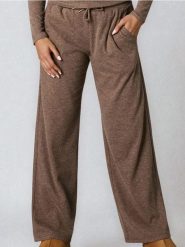 Spodnie wide leg basic - brązowy. Brązowe spodnie materiałowe damskie Sinsay, bez wzorów. Za 49.99 zł.