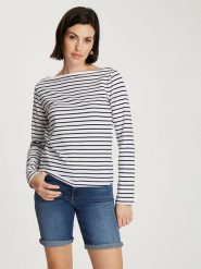 Cross Jeans Koszulka w kolorze biało-czarnym rozmiar: L. Białe bluzki damskie Cross Jeans, l, bez wzorów, z jeansu, bez kołnierzyka, bez ramiączek. Za 74.63 zł.