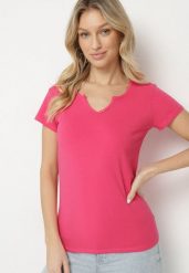 Różowy T-shirt z Bawełny z Guzikami Liseriana. Czerwone t-shirty damskie Born2be, l, bez wzorów, z bawełny, bez kołnierzyka. Za 29.99 zł.