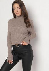 Ciemnobeżowy Prążkowany Golf o Dopasowanym Kroju Ahezza. Brązowe golfy damskie Born2be, m, bez wzorów, prążkowane, bez ramiączek. Za 74.99 zł.