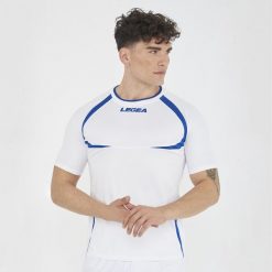 Męska koszulka do biegania krótki rękaw oddychająca biało-niebieska. Białe t-shirty sportowe męskie Legea, m, z bawełny, bez ramiączek, do biegania. Za 48.00 zł.