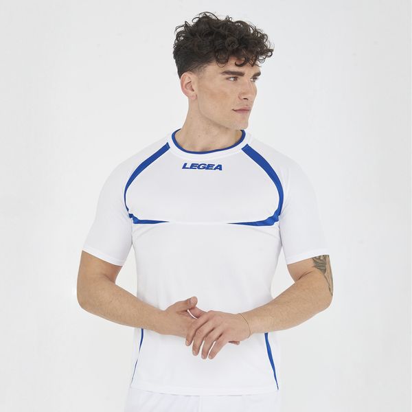 Męska koszulka do biegania krótki rękaw oddychająca biało-niebieska. Białe t-shirty sportowe męskie Legea, m, z bawełny, bez ramiączek, do biegania. Za 48.00 zł.