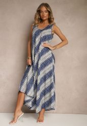Granatowa Rozkloszowana Sukienka z Geometrycznym Wzorem Lumire. Niebieskie sukienki damskie Renee, na spotkanie biznesowe, xl, z aplikacjami, eleganckie, bez kołnierzyka, bez ramiączek, maxi, rozkloszowane. W wyprzedaży za 52.49 zł.