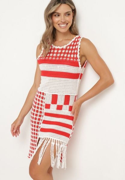 Biało-Czerwona Dopasowana Sukienka z Bawełny o Ażurowym Wykończeniu bez Rękawów Balmalia. Białe sukienki damskie Born2be, na co dzień, na lato, w ażurowe wzory, z bawełny, eleganckie, bez kołnierzyka, bez ramiączek, dopasowane. Za 69.99 zł.