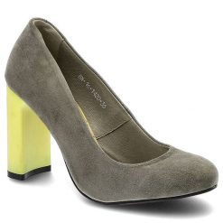 Czółenka damskie Karino, naturalny zamsz na wysokim żółtym słupku, szare, 1420-002-P. Szare czółenka damskie Karino, bez wzorów, z zamszu, bez obcasa, na obcasie. Za 179.00 zł.
