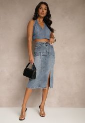 Granatowa Jeansowa Spódnica z Bawełny z Łańcuchem Lilurea. Niebieskie spódniczki damskie Renee, l, bez wzorów, z bawełny, eleganckie, midi, koszulowe. Za 59.99 zł.