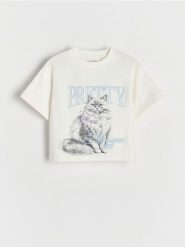 T-shirt z haftem - złamana biel. Koszulki dziewczęce Reserved, bez wzorów, z bawełny, bez ramiączek. W wyprzedaży za 27.99 zł.