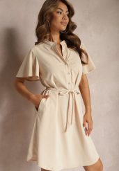 Beżowa Trapezowa Sukienka z Dekoltem Zapinanym na Guziki i Materiałowym Paskiem w Talii Vikiiraes. Brązowe sukienki damskie Renee, l, bez wzorów, z materiału, eleganckie, bez kołnierzyka, bez ramiączek, midi, trapezowe. W wyprzedaży za 76.99 zł.