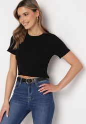 Czarny Krótki T-shirt z Prążkowanej Dzianiny Clutia. Czarne t-shirty damskie Born2be, m, bez wzorów, z dzianiny, bez kołnierzyka. Za 54.99 zł.