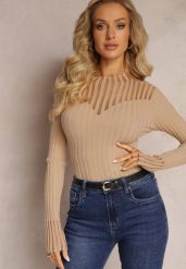 Beżowy Golf z Prześwitującymi Wstawkami Nirelle. Brązowe golfy damskie Renee, z aplikacjami, z dzianiny, bez ramiączek. Za 49.99 zł.