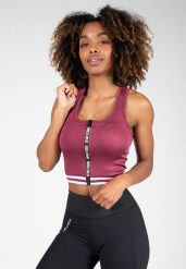 Mesa Zip Front - burgundowy crop top damski. Czerwone topy sportowe damskie GORILLA WEAR, m, bez wzorów, z tkaniny, bez ramiączek. Za 143.85 zł.