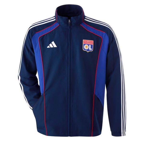 Kurtka dresowa OL UBP 2025/26. Niebieskie kurtki męskie Adidas, bez wzorów, z dresówki, sportowe, bez kaptura. W wyprzedaży za 298.50 zł.