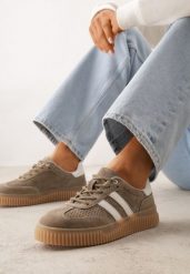 Ciemnobeżowe Sneakersy Typu Tenisówki z Zamszu Naturalnego Ozdobione Paskami Tarinella. Brązowe trampki i tenisówki damskie Renee, bez wzorów, z jeansu. Za 189.99 zł.