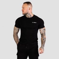 Koszulka męska fitness slim z krótkim rękawem czarna TRN. Czarne t-shirty sportowe męskie GYMBEAM, m, z bawełny, bez ramiączek, na fitness i siłownię. Za 72.90 zł.