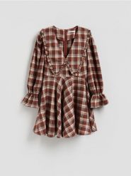 Sukienka w kratkę z kołnierzem - burgundowy. Czerwone sukienki damskie Reserved, l, bez wzorów, z tkaniny, bez kołnierzyka, bez ramiączek. Za 159.99 zł.