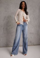 Niebieskie Jeansy High Waist Wide Leg z Bawełną i Domieszką Wiskozy Hirei. Niebieskie jeansy damskie Renee, z podwyższonym stanem. Za 119.99 zł.