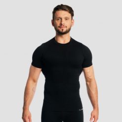 Koszulka męska fitness bezszwowa slim czarna Fuse. Czarne t-shirty sportowe męskie GYMBEAM, m, z elastanu, bez ramiączek, do biegania. Za 88.90 zł.