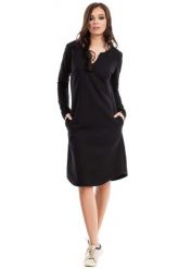 Sukienka Trapezowa z Długim Rękawem Czarna. Czarne sukienki damskie MOE, l, bez wzorów, z bawełny, bez kołnierzyka, bez ramiączek, trapezowe. Za 239.90 zł.