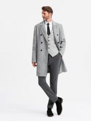 Elegancki dwurzędowy męski płaszcz w jodełkę – szary V1 OM-COWC-0118 - XXL. Szare płaszcze męskie Ombre Clothing, l, z aplikacjami, z dzianiny, eleganckie. Za 359.99 zł.