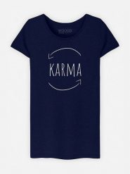 WOOOP Koszulka "Karma" w kolorze granatowym rozmiar: L. Niebieskie bluzki damskie Wooop, l, bez wzorów, z bawełny, bez kołnierzyka, bez ramiączek. Za 56.99 zł.