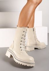 Beżowe Botki Workery na Platformie Ozdobione Cyrkoniami Zinetta. Brązowe botki damskie Renee, na jesień, z jeansu, eleganckie, bez obcasa, na obcasie, bez zapięcia. Za 189.99 zł.