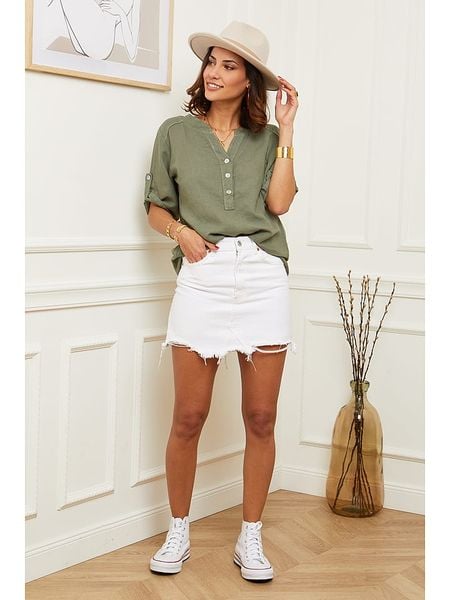 Le Monde du Lin Lniana bluzka w kolorze oliwkowym rozmiar: 38/40. Brązowe bluzki damskie Le Monde du Lin, bez wzorów, ze lnu, klasyczne, bez kołnierzyka, bez ramiączek. Za 154.07 zł.