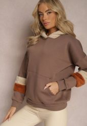Brązowa Bawełniana Bluza z Kapturem i Wstawkami z Polaru Qilin. Brązowe bluzy z kapturem damskie Renee, z bawełny. Za 84.99 zł.