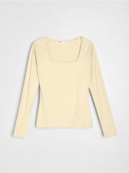 Prążkowana koszulka z długim rękawem - żółty. Żółte t-shirty damskie Sinsay, l, bez wzorów, prążkowane, bez kołnierzyka. Za 29.99 zł.