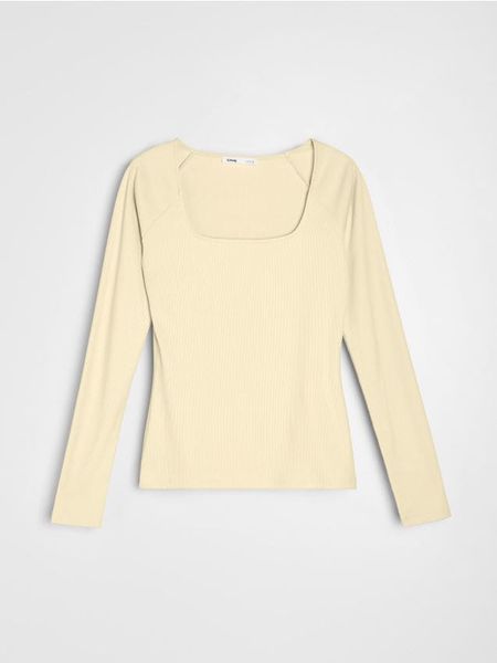 Prążkowana koszulka z długim rękawem - żółty. Żółte t-shirty damskie Sinsay, l, bez wzorów, prążkowane, bez kołnierzyka. Za 29.99 zł.