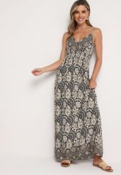 Czarno-Beżowa Wiskozowa Sukienka Boho na Ramiączkach z Gumką w Pasie Elorea. Czarne sukienki damskie Born2be, na lato, m, bez wzorów, z materiału, boho, bez kołnierzyka, bez ramiączek, maxi. W wyprzedaży za 59.99 zł.