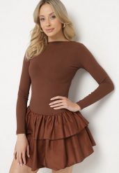 Brązowa Rozkloszowana Sukienka z Długim Rękawem i Falbanką Reonaria. Brązowe sukienki damskie Born2be, na co dzień, bez wzorów, eleganckie, bez kołnierzyka, bez ramiączek, mini, rozkloszowane. W wyprzedaży za 87.99 zł.