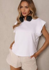 Biały Top z Bawełny Ozdobiony Falbanką Galanetia. Białe topy damskie Renee, bez wzorów, z bawełny, bez kołnierzyka. Za 49.99 zł.