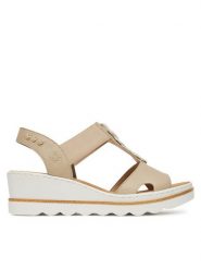 Rieker Sandały 67498-62 Beżowy. Brązowe sandały damskie Rieker, bez wzorów, z materiału, bez obcasa, na koturnie. Za 299.99 zł.