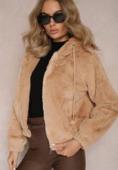 Ciemnobeżowa Futerkowa Kurtka Bluza z Kapturem Vortezi. Brązowe bluzy z kapturem damskie Renee, na zimę, l. Za 89.99 zł.