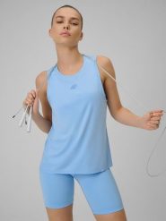 4F Top treningowy loose szybkoschnący damski - niebieski S. Niebieskie topy damskie 4f, s, bez wzorów, ze skóry, bez kołnierzyka. Za 79.99 zł.