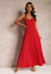 Czerwona Rozkloszowana Sukienka Koktajlowa Wiązana na Plecach Malori. Czerwone sukienki damskie Renee, l, bez wzorów, eleganckie, bez kołnierzyka, bez ramiączek, maxi, rozkloszowane. W wyprzedaży za 83.99 zł.
