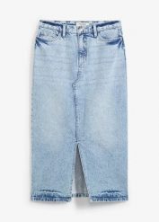 Spódnica dżinsowa midi. Niebieskie spódniczki damskie bonprix, bez wzorów, z denimu, midi. Za 127.99 zł.