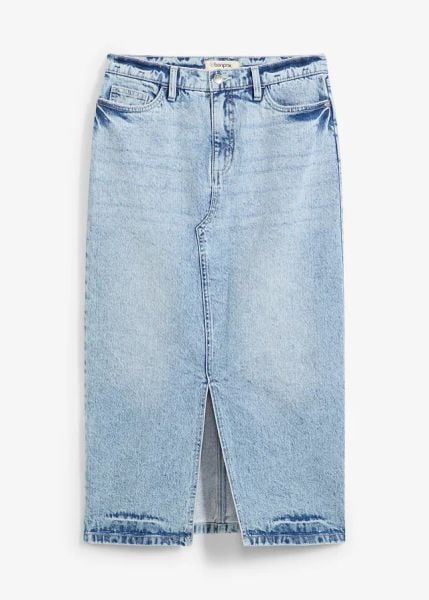 Spódnica dżinsowa midi. Niebieskie spódniczki damskie bonprix, bez wzorów, z denimu, midi. Za 127.99 zł.