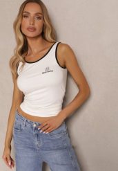Biały Top z Wiskozą i Ozdobnym Nadrukiem Amotia. Białe topy damskie Renee, m, bez wzorów, z jeansu, bez kołnierzyka. Za 39.99 zł.