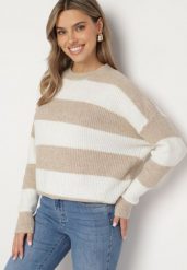 Beżowy Sweter w Pasy z Wełną Zakończony Ściągaczem Tiaelle. Brązowe swetry klasyczne damskie Born2be, z wełny, bez kołnierzyka. Za 119.99 zł.