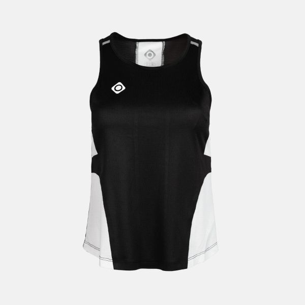 SPEZIA Technical Tank Top – lekki, oddychający i szybkoschnący. Czarne topy damskie IZAS, bez wzorów, bez kołnierzyka. Za 139.09 zł.