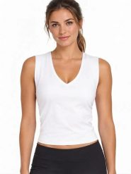 Damski Top Sportowy BARS V-Neck Biały Dopasowany Szerokie Ramiączka. Białe topy sportowe damskie BARS, l, bez wzorów, z elastanu, bez ramiączek. Za 29.90 zł.