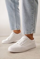 Wiązane Białe Tenisówki Trampki pod Kostkę z Ozdobnym Paskiem Wiolana. Białe trampki i tenisówki damskie Born2be, bez wzorów, z jeansu. Za 79.99 zł.