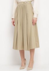Beżowa Rozkloszowana Spódnica Midi Plisowana z Klamerką Faelannia. Brązowe spódniczki damskie Born2be, m, bez wzorów, eleganckie, maxi, rozkloszowane. Za 159.99 zł.